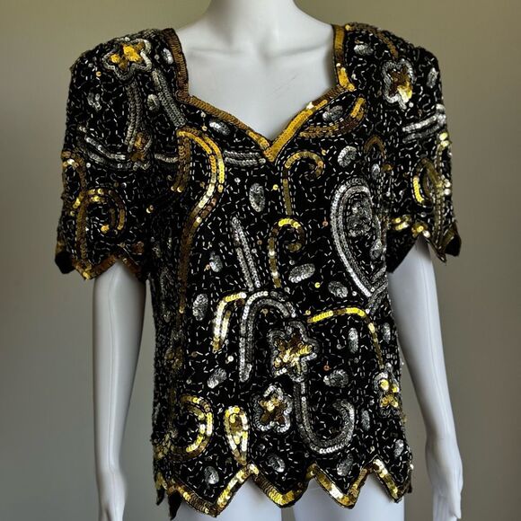 Vintage 80’s Laurence Kazar Silk Sequin Stars Evening Party Shirt - Picture 1 of 8